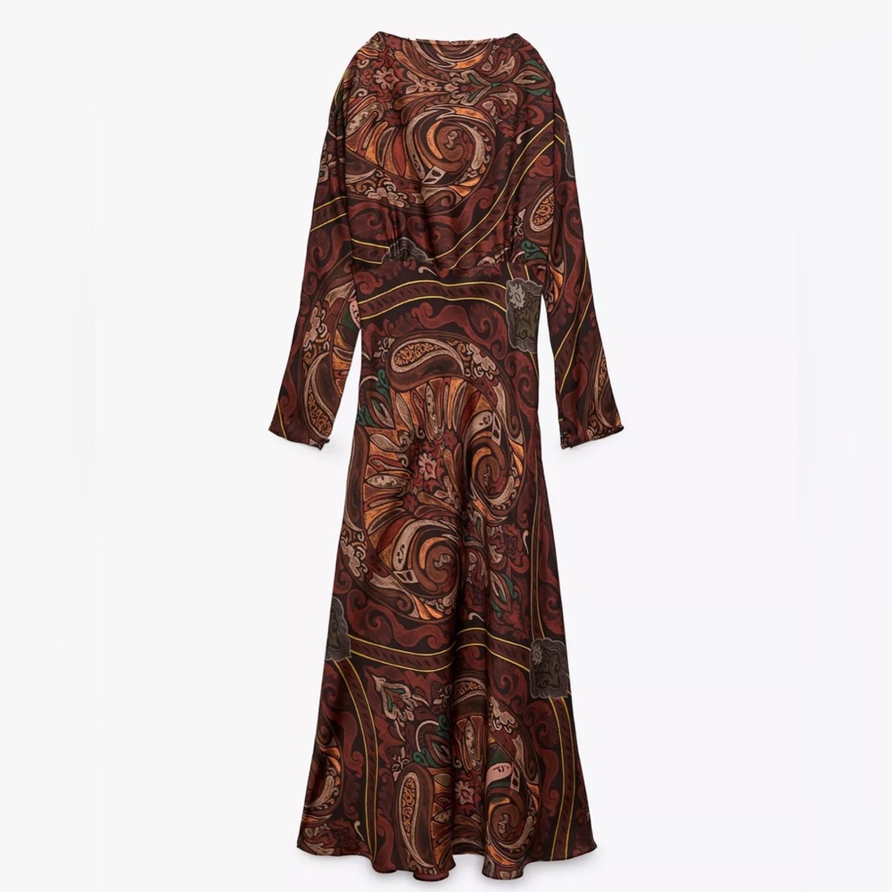 Zara Long Sleeve Paisley Dress in Brown and Orange